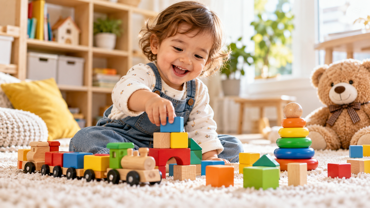 A toddler sitting on a white carpet in a bright playroom, smiling while stacking colorful wooden blocks and playing with a toy train. A teddy bear sits to the right, and shelves with books and toys are blurred in the background.