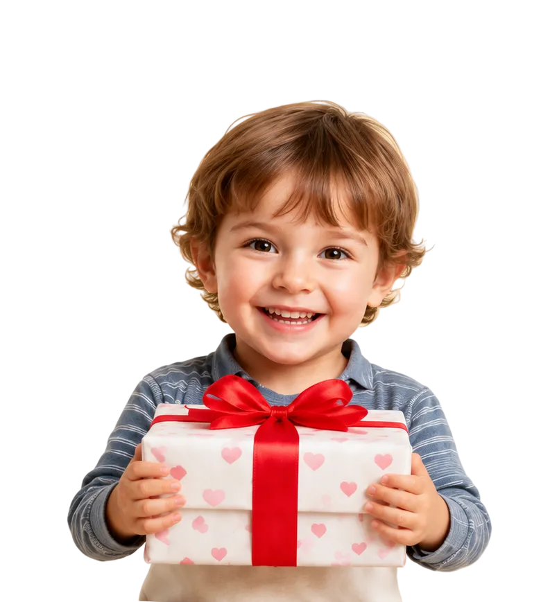 A young child with brown hair wearing a blue striped shirt holds a white gift box with a red ribbon and heart pattern, standing next to a brown teddy bear wearing a red ribbon, against a light beige background decorated with small heart and star cutouts.