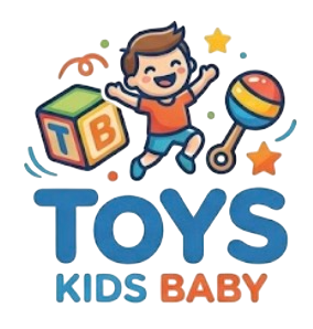 A colorful cartoon logo featuring a child jumping with toys, including a block, a rattle, and stars, above the text 'TOYS KIDS BABY' on a light gray background.