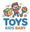 A colorful cartoon logo featuring a child jumping with toys, including a block, a rattle, and stars, above the text 'TOYS KIDS BABY' on a light gray background.